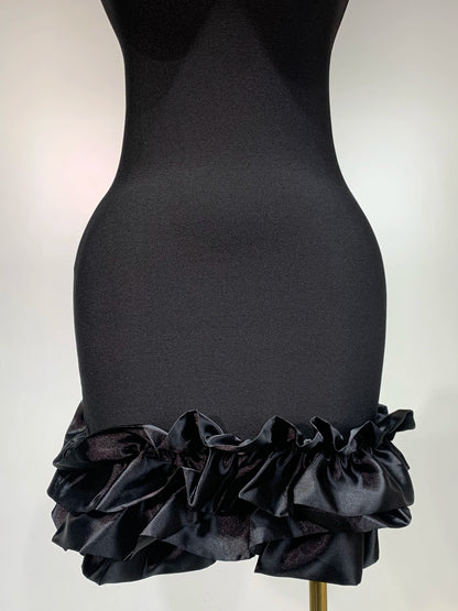Women Spaghetti Strap Bodycon Short Black Pleated Ruffle Hem Sleeveless Evening Party Cocktail Birthday Dress