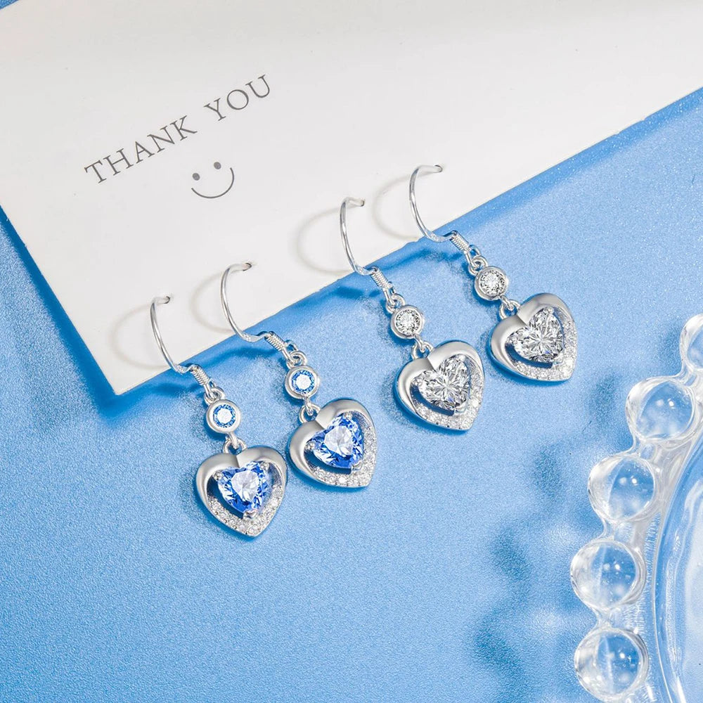925 Sterling Silver Women's Bridal Wedding Crystal Heart Drop Earrings