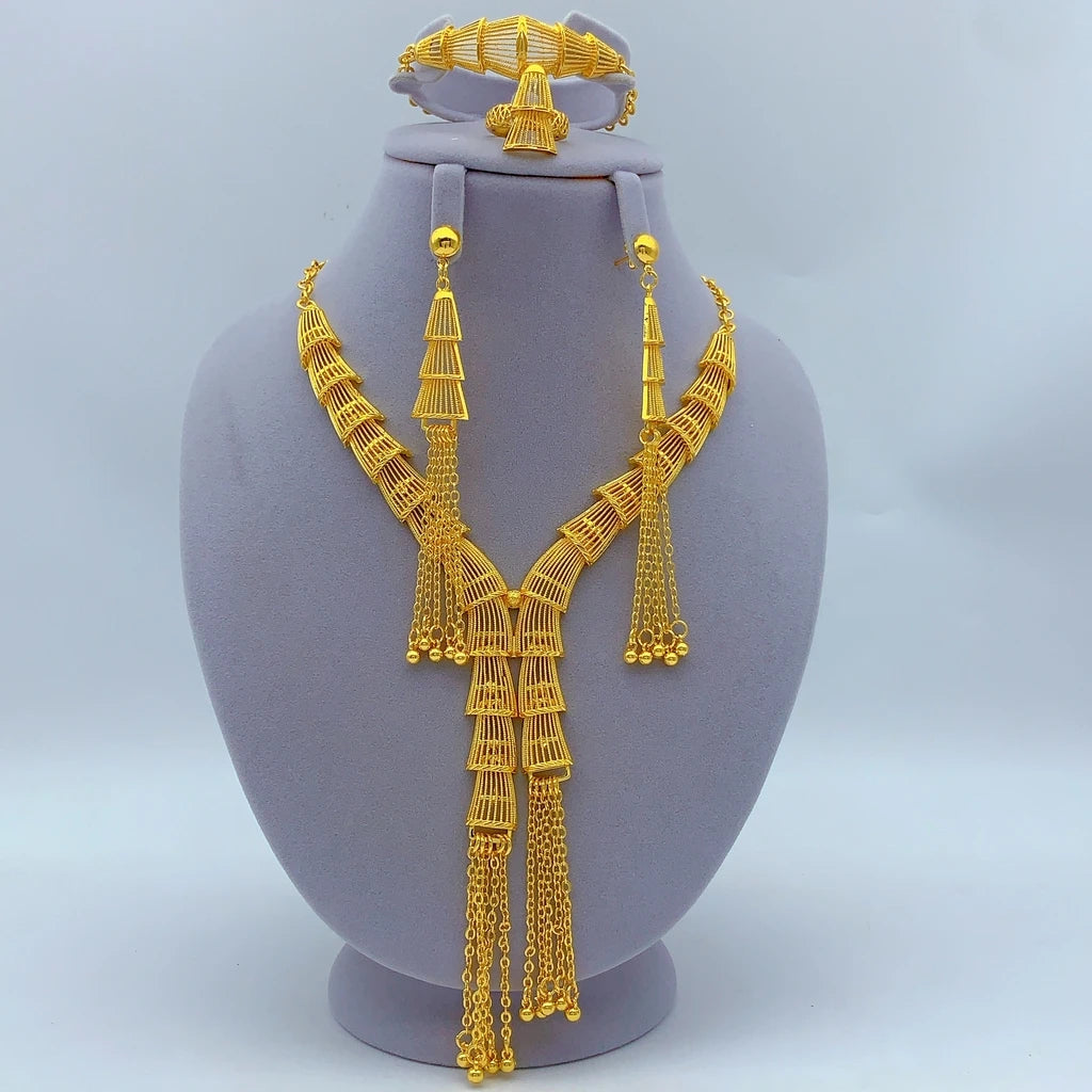 Italian 24K Gold Color Women Ethiopian Dubai Flower Wedding Necklace Bracelet Earring Ring Sets