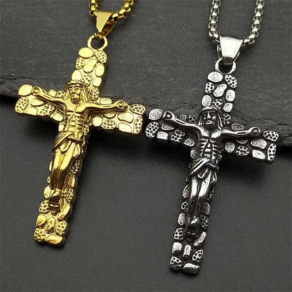Men Women Gold Color Chain Amulet Stainless Steel Christian Jesus Crucifix Cross Pendants Necklace