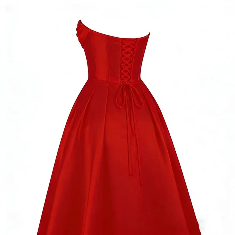 Sweetheart Strapless Pleat Satin Prom Women Long A Line Corset Formal Evening Party Dress w/ Pockets