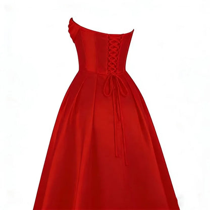 Sweetheart Strapless Pleat Satin Prom Women Long A Line Corset Formal Evening Party Dress w/ Pockets