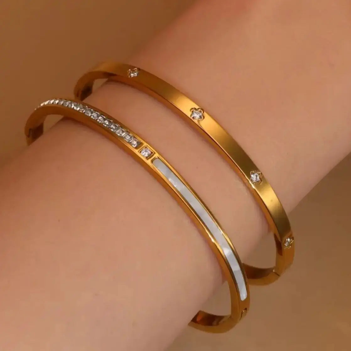 4mm Women's Stainless Steel Crystal Shell Design 18K Gold Plated 2-in-1 Bracelet Bangle