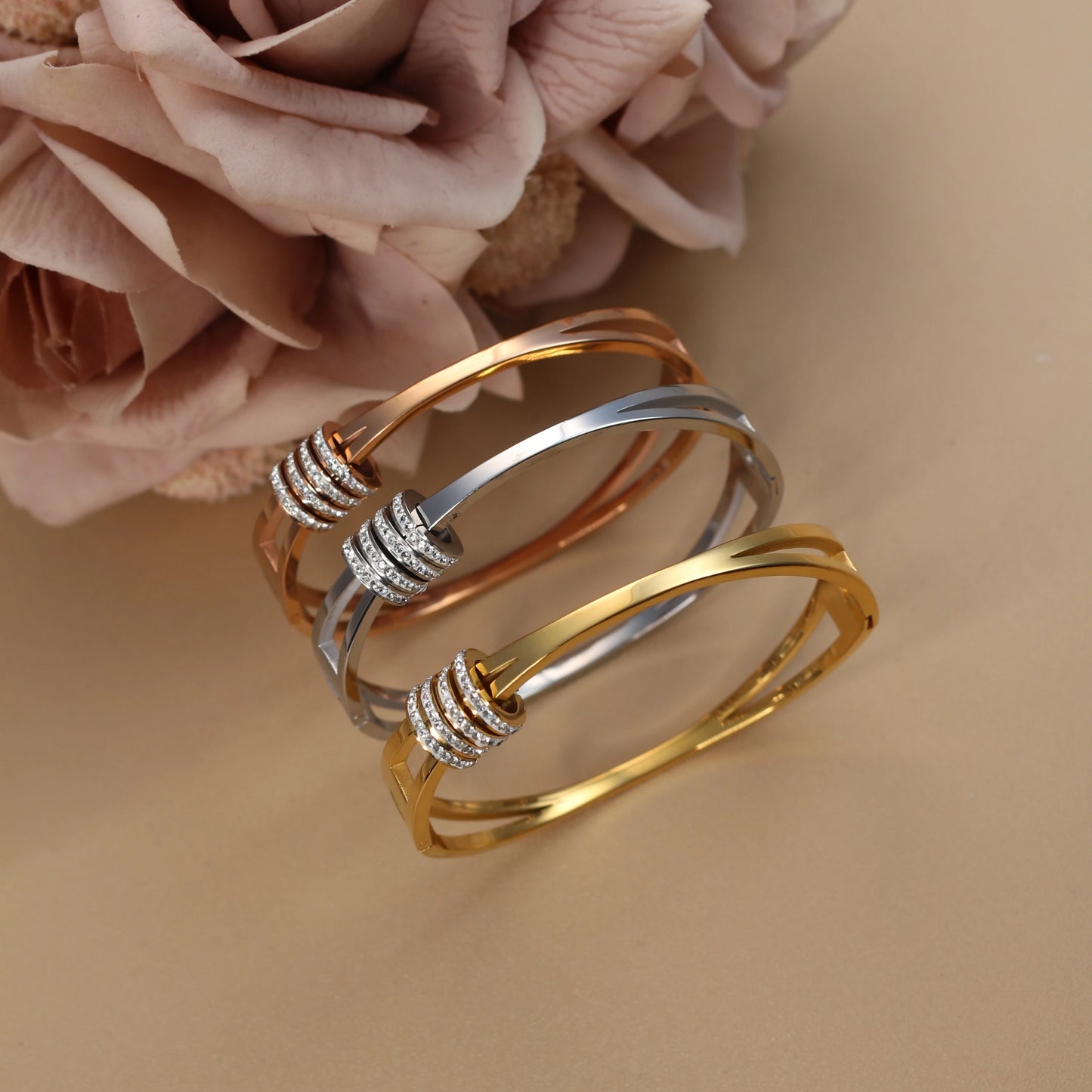 Women's Love Stainless Steel Crystal Bracelets Half Face Hollow Design Bracelet Bangle Jewelry Gifts