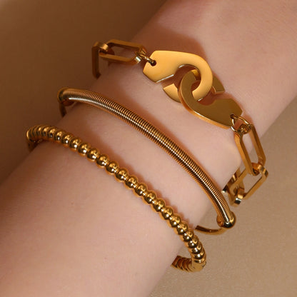 Women 18K Gold-Plated Stainless Steel Bead Open Bracelet Clasp Design Bangles Jewelry