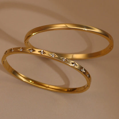2-in-1 Women 18 K Gold Plated Zircon Stainless Steel Curved Bracelet Gift Bangle