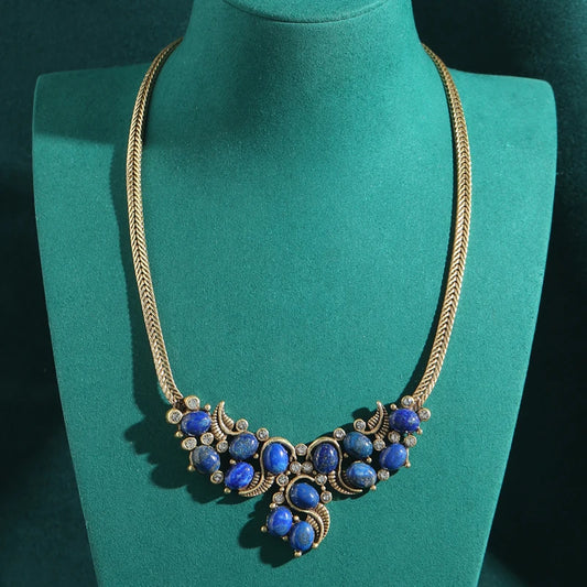 Vintage Snake Natural Stone Pendant Antique Gold Color Chain Necklace