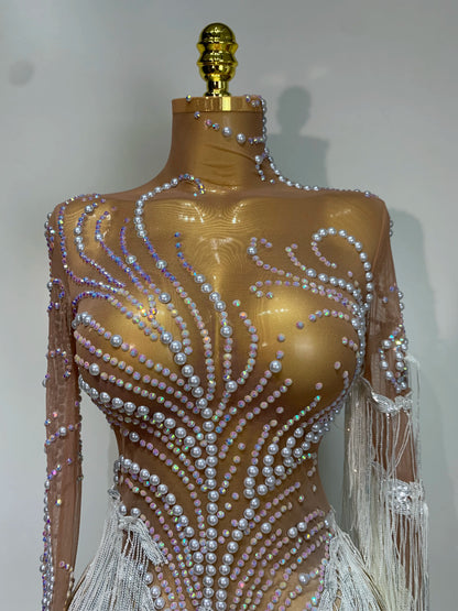 Sexy Rhinestone Sequins Tassel Mesh See Through Evening Party Nightclub Singer Sparkly Dress