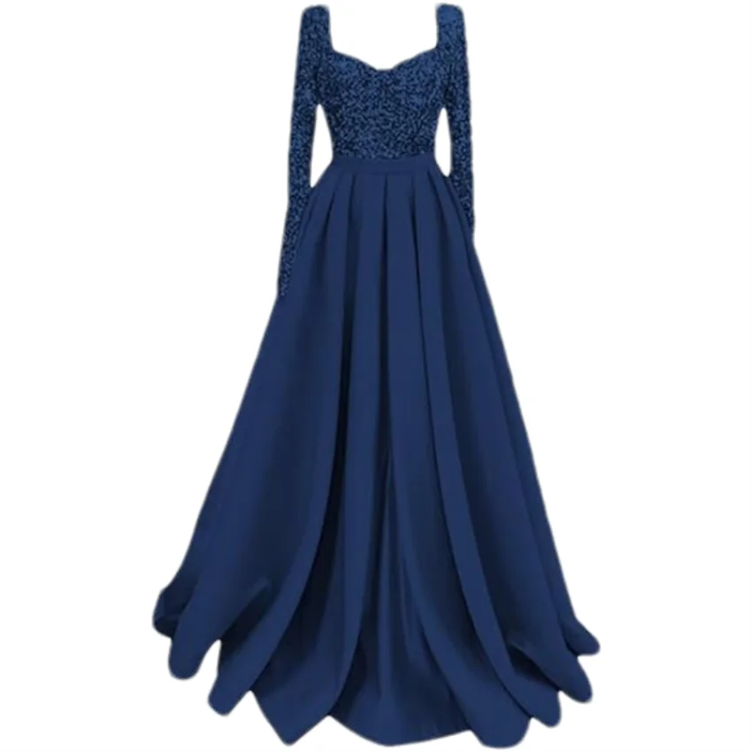 Long Sleeve Sequin Prom Long Satin Women Formal A-Line Evening Party Ball Gown Dress w/ Pockets