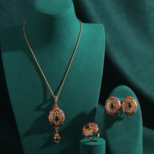 Women Hollowed Out Carvings Oval Enamel Dubai Gold Color Petal Pendant Necklace Earrings Rings