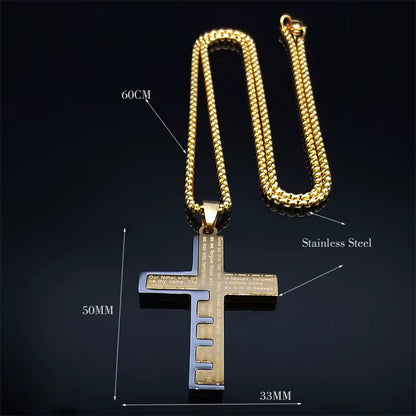 Men Stainless Steel Gold Color Bible Amulet Cross Christian Church Prayer Necklace