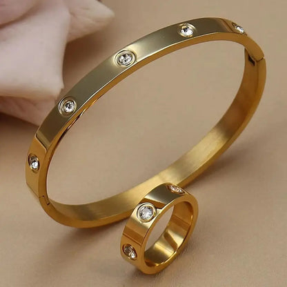 2-in-1 Women 18K Gold-Plated Stainless Steel Bracelet Ring Jewelry Set.