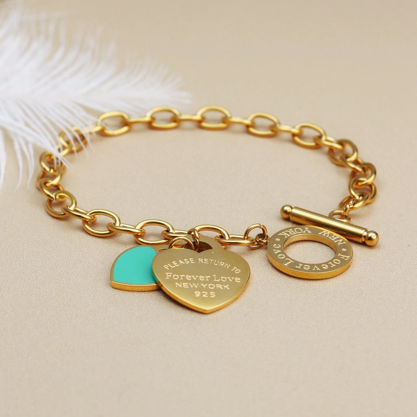 Fashion Stainless Steel Gold Color Double Heart Pendant Design FOREVER LOVE Bracelet Bangle