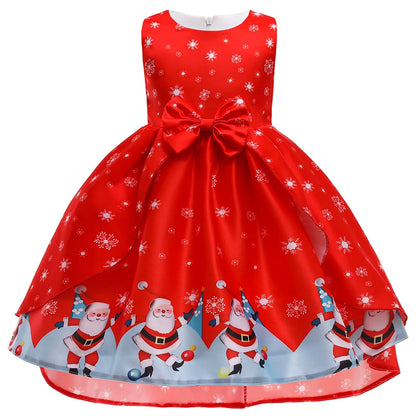 Kids Girls Princess Cartoon Santa Claus Snowflake Costume Xmas Party Print Dress