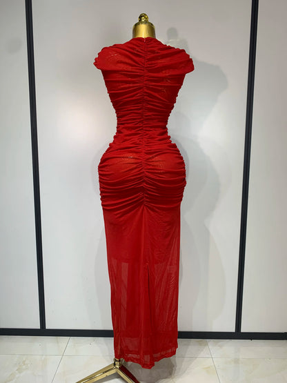 Sexy Sleeveless O-Neck Cut Out Bodycon Mesh Long Dress Celebrity Evening Party Club Dress