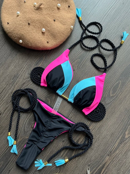 Sexy Solid Splicing Bikini Swimwear Swimsuit Braiding Rope Bandage Triangle Brazilian Bathing Suit