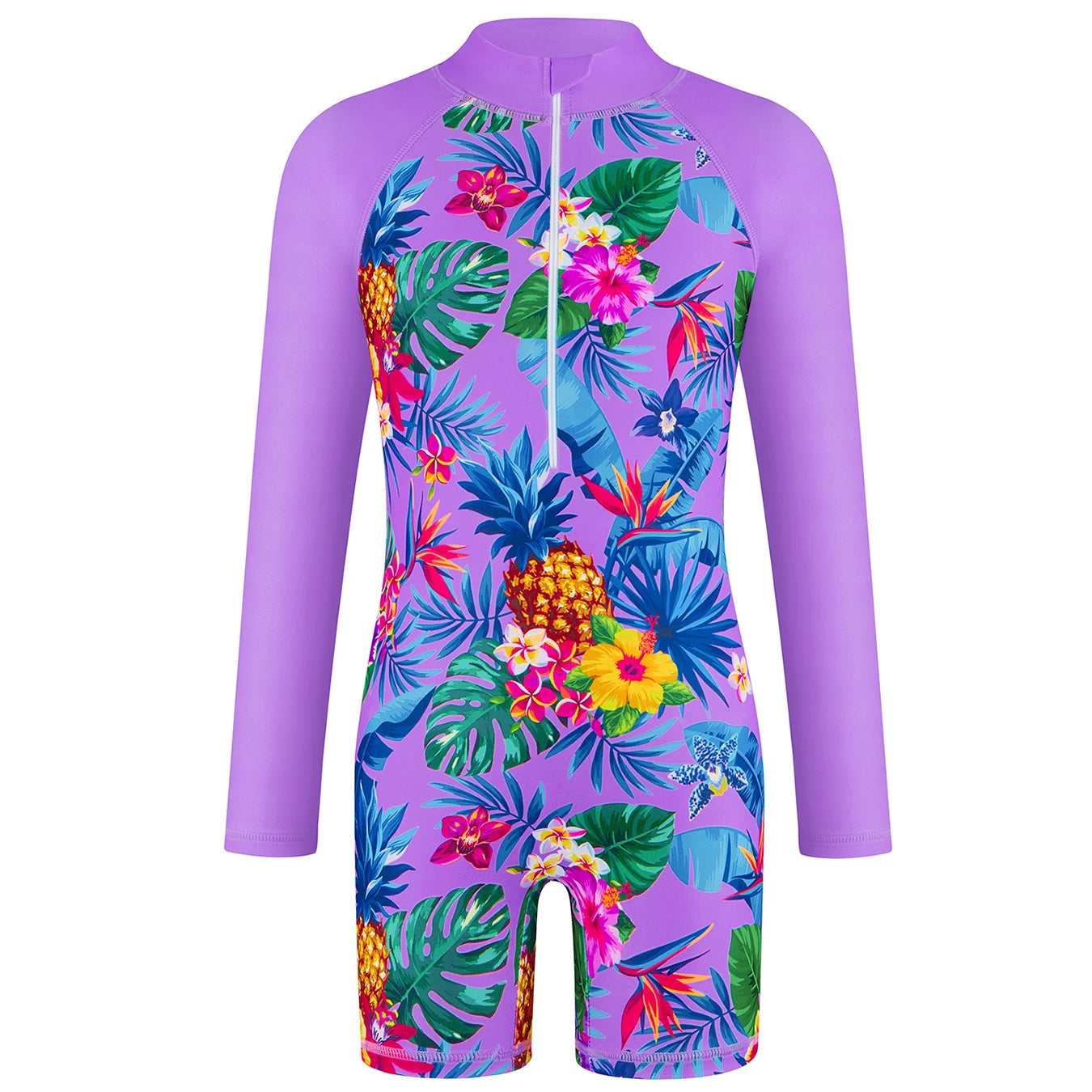 Long-Sleeved Purple Kids Girls One-Piece Tropical Plants Print Boyleg Rash Guard Beach Swimming Suit