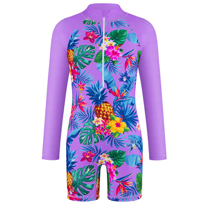 Long-Sleeved Purple Kids Girls One-Piece Tropical Plants Print Boyleg Rash Guard Beach Swimming Suit