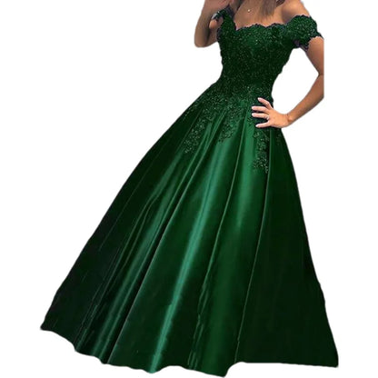 Women A-Line Long Off The Shoulder Satin Formal Gowns Sequin Lace Appliques Corset Prom Evening Dress w/ Pockets