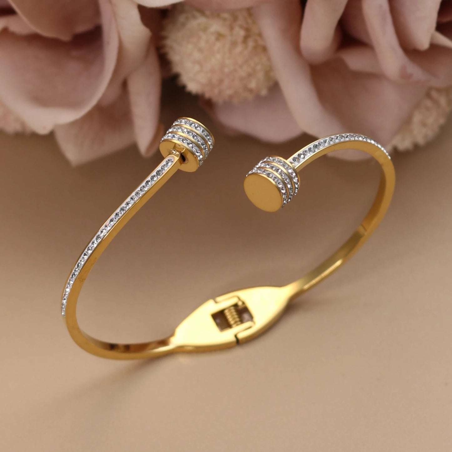 Women 18k Gold Plated Crystal Hollow Open Stainless Steel Bracelet