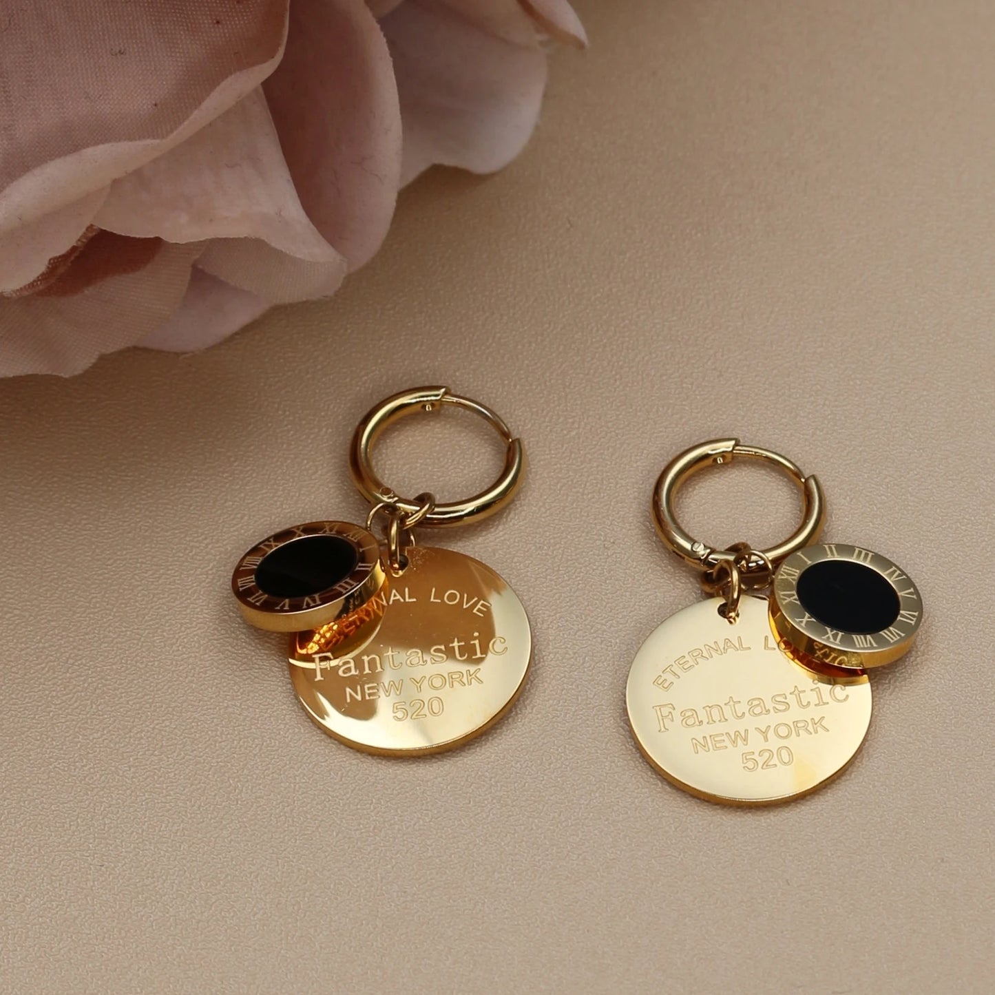 Roman Numeral Medallion Design FOREVER LOVE Stainless Steel Earrings Gift