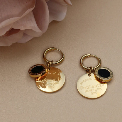 Roman Numeral Medallion Design FOREVER LOVE Stainless Steel Earrings Gift