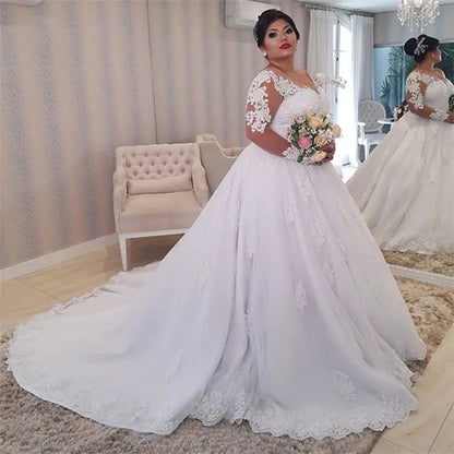 Plus Size Long Sleeve Pearls Beading Appliques White Bridal Wedding Party Dress Gown