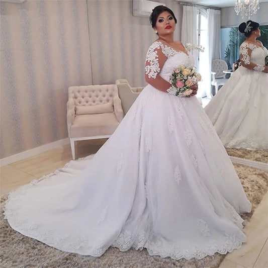 Plus Size Long Sleeve Pearls Beading Appliques White Bridal Wedding Party Dress Gown