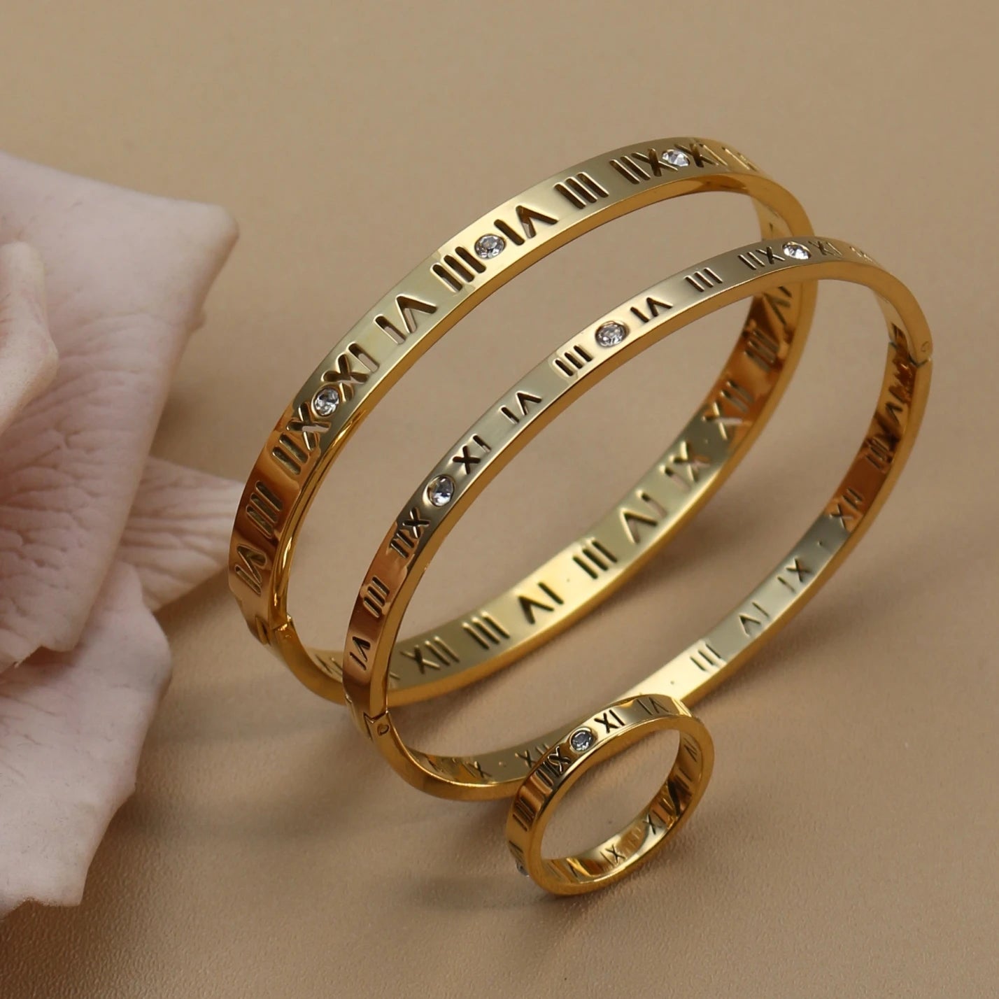 Stainless Steel 18K gold plated Roman Numeral Bracelet Bangles Ring 2-in-1 Jewelry