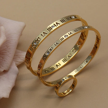 Stainless Steel 18K gold plated Roman Numeral Bracelet Bangles Ring 2-in-1 Jewelry
