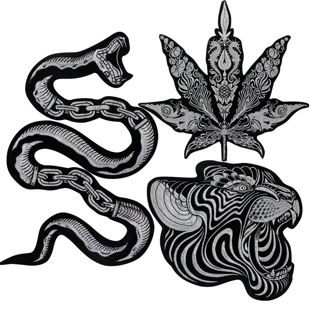 Large Black Snake Embroidery Tiger Maple Leaf Patches for Clothes Patch Stickers DIY Punk Badges for Iron-on Applique