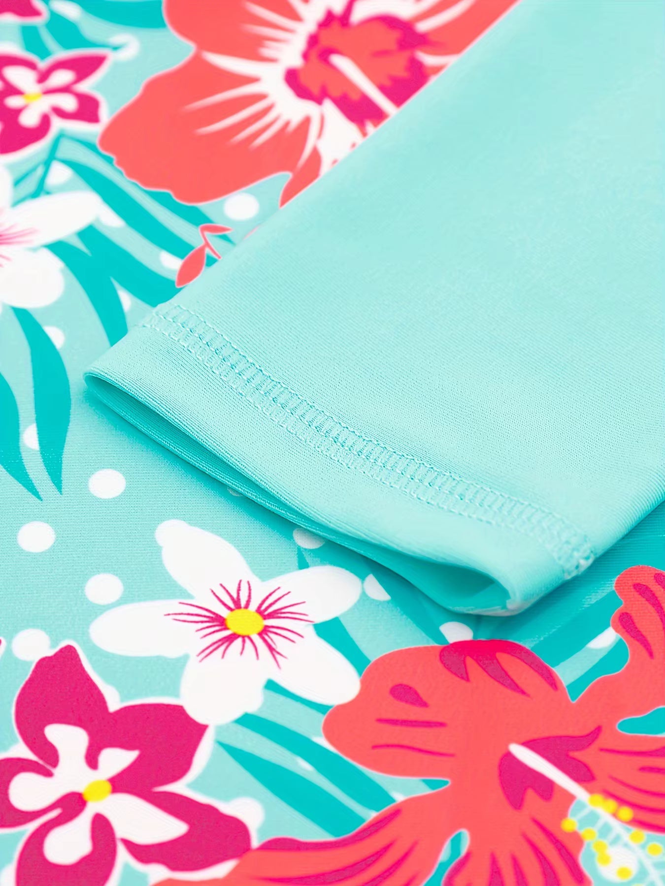 Girls Kids One-Piece Long Sleeve Floral Print Green Color Beach Boyleg Shorts Swimsuit