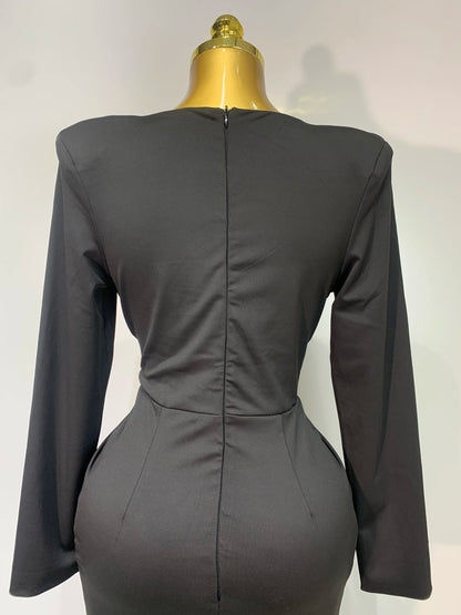 Black Diamond Bodycon Maxi Sexy Deep V Neck Long Sleeves Runway Party Evening Dress