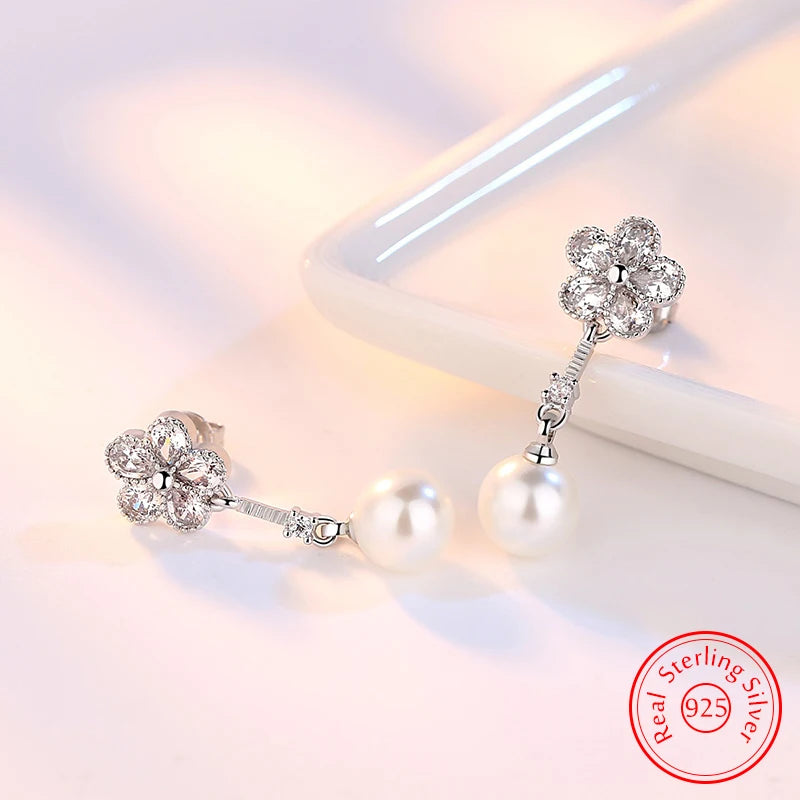 Solid 925 Sterling Silver Women Bridal Wedding Flower Crystal Pearl Drop Earrings