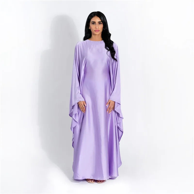 Women Satin Cloak Long Sleeve Loose Kaftan Fashion O Neck Long Dress