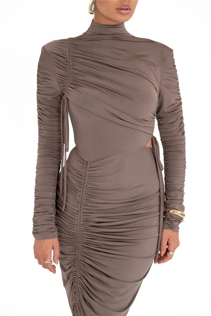 Elegant Women Long Sleeve Ruched Drawstring Turtleneck Bodycon Maxi Dress