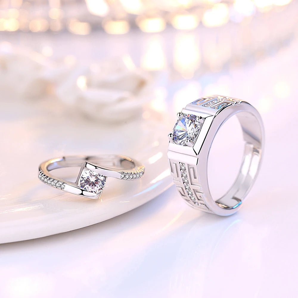Unisex Crystal Zircon Solid 925 Sterling Silver Couple Wedding Bridal Party Rings