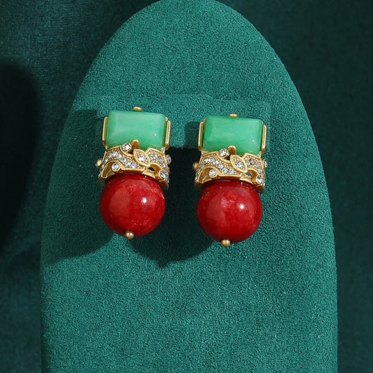 Antique Jewelry Green Natural Stone Red Glass Ball Stud Crown Vintage Wedding Earrings