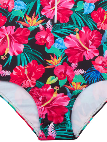 Girls Kids One Piece Long Sleeve Floral Print Bikini Cut Bottom Swimwear Beach Swim