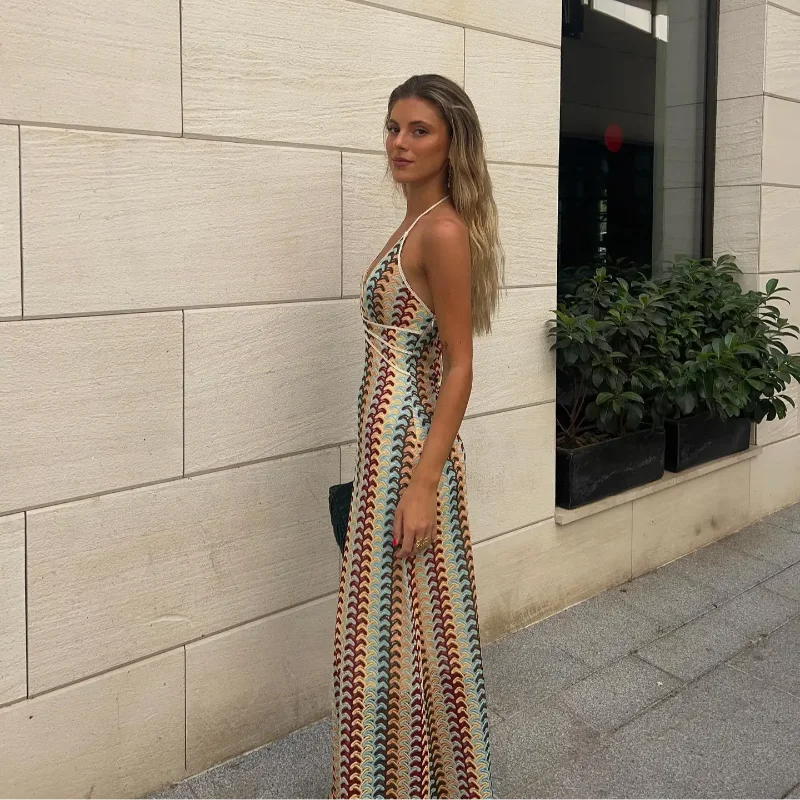 Women Contrast Striped Knit Halter Fashion Loose Backless Maxi Party Long Dress