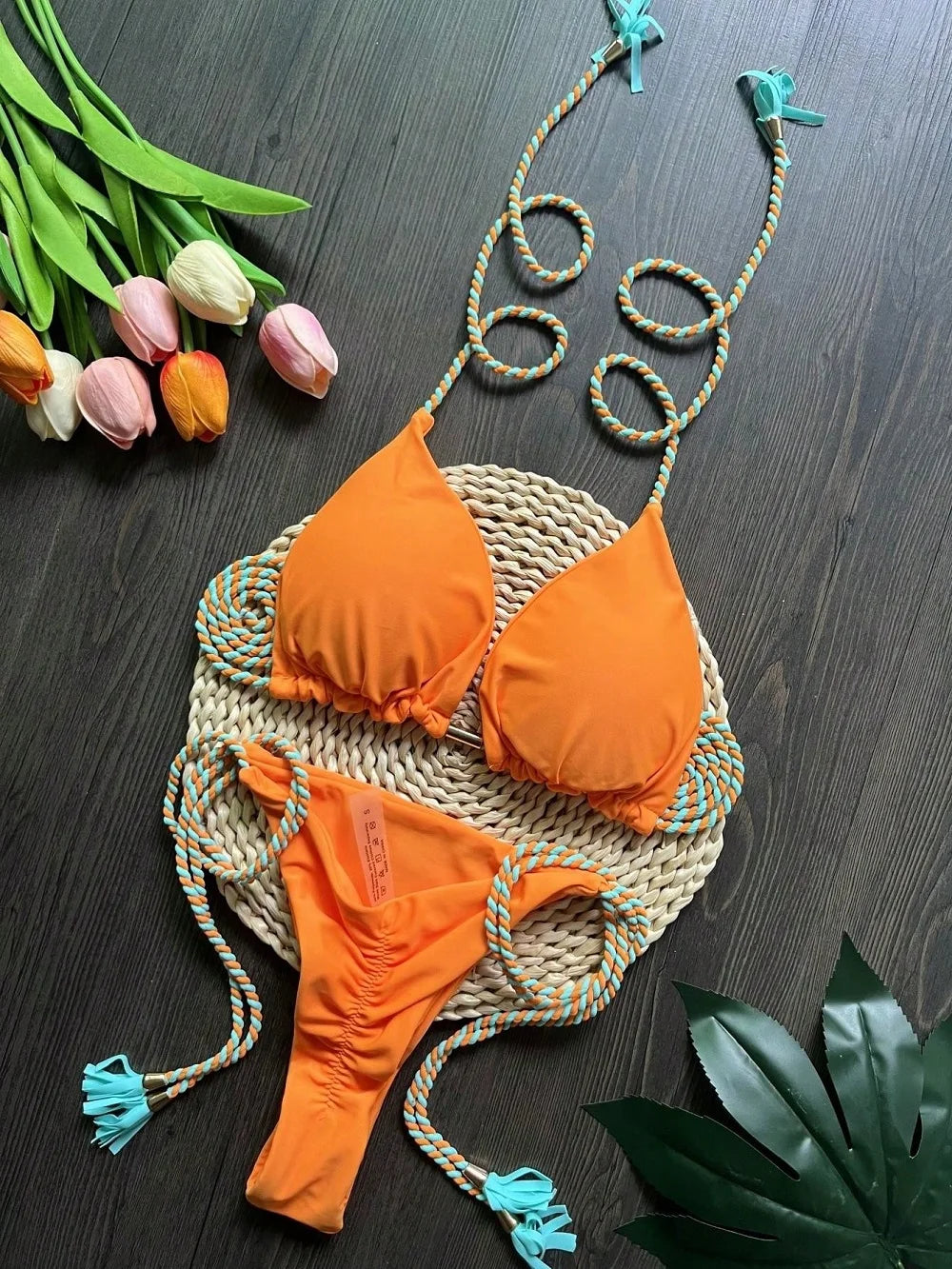 Sexy Solid color Two-piece Triangle Swimwear Braiding Rope Bikini Beach Bathing Brazilian Suit