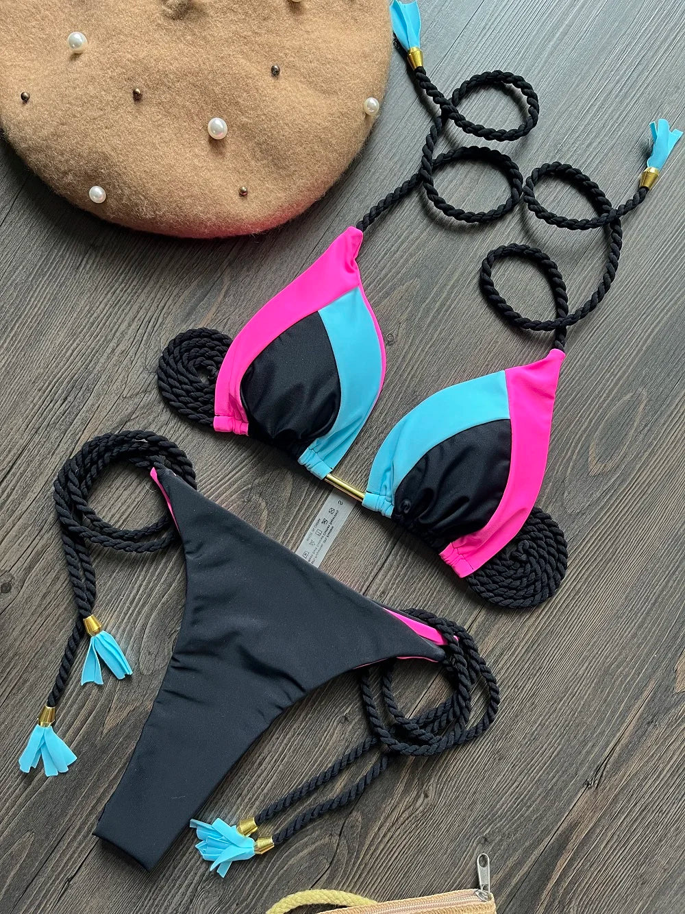 Solid Splice Swimwear String Halter Two-piece Triangle Micro Bikini Thong Sexy Swimsuit Bathing Suit