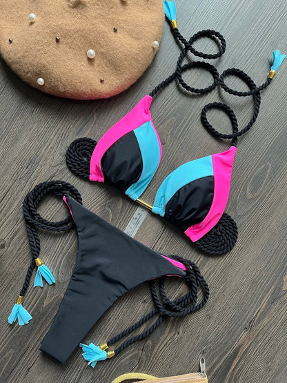 Solid Splice Swimwear String Halter Two-piece Triangle Micro Bikini Thong Sexy Swimsuit Bathing Suit