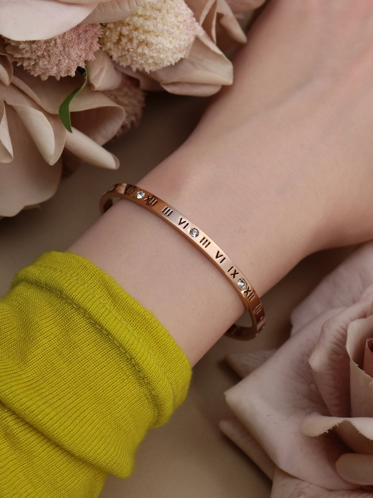 Stainless Steel 18K gold plated Roman Numeral Bracelet Bangles Ring 2-in-1 Jewelry