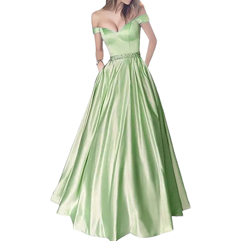 Women Off The Shoulder Beaded Satin V Neck Corset A Line Long Formal Prom Evening Party Gown Dress w/Pocket
