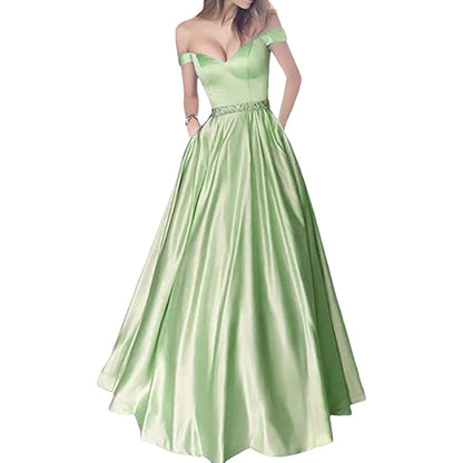 Women Off The Shoulder Beaded Satin V Neck Corset A Line Long Formal Prom Evening Party Gown Dress w/Pocket