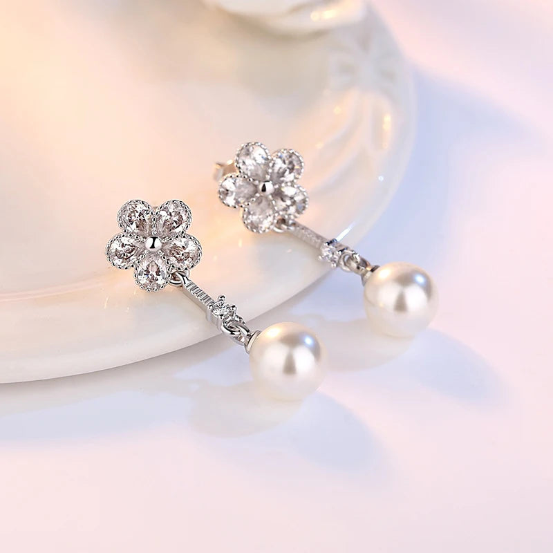 Solid 925 Sterling Silver Women Bridal Wedding Flower Crystal Pearl Drop Earrings