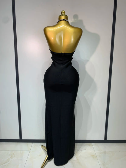 Sexy Halter Long Bandage Shiny Crystal Backless Evening Party Birthday Dress