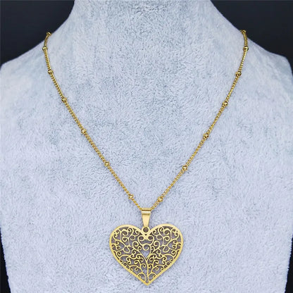 Aesthetic Love Heart Tree of Life Hollow Stainless Steel Gold Color Bead Chain Pendant Necklace