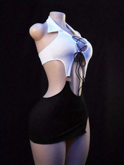 Sexy Babydoll Thong Body Curved Tight Fitting Suspenders Silk Sleepwear Bodystocking Dress